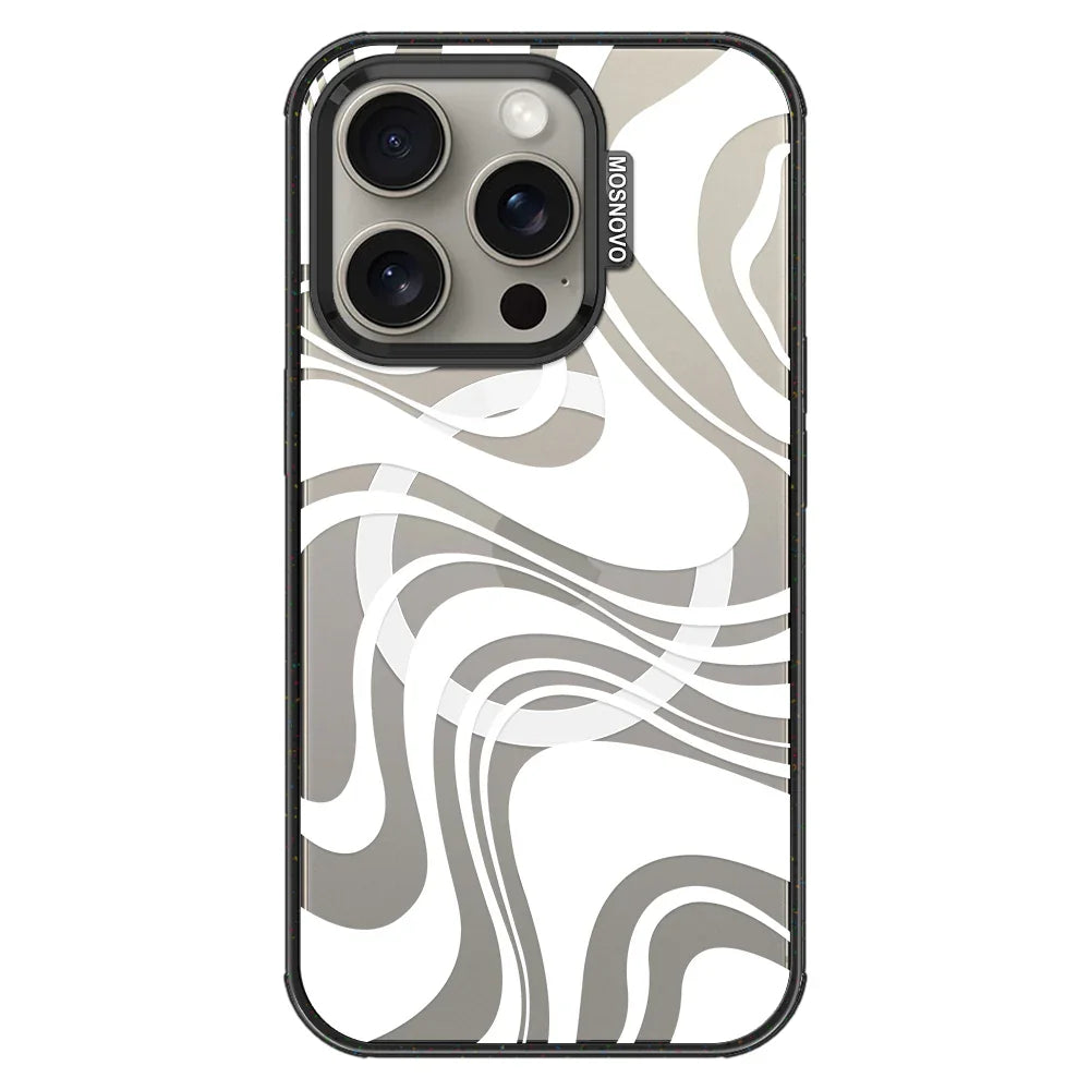 White Swirl Phone Case - iPhone 15 Pro Case Clear Black ShockStone With MagSafe