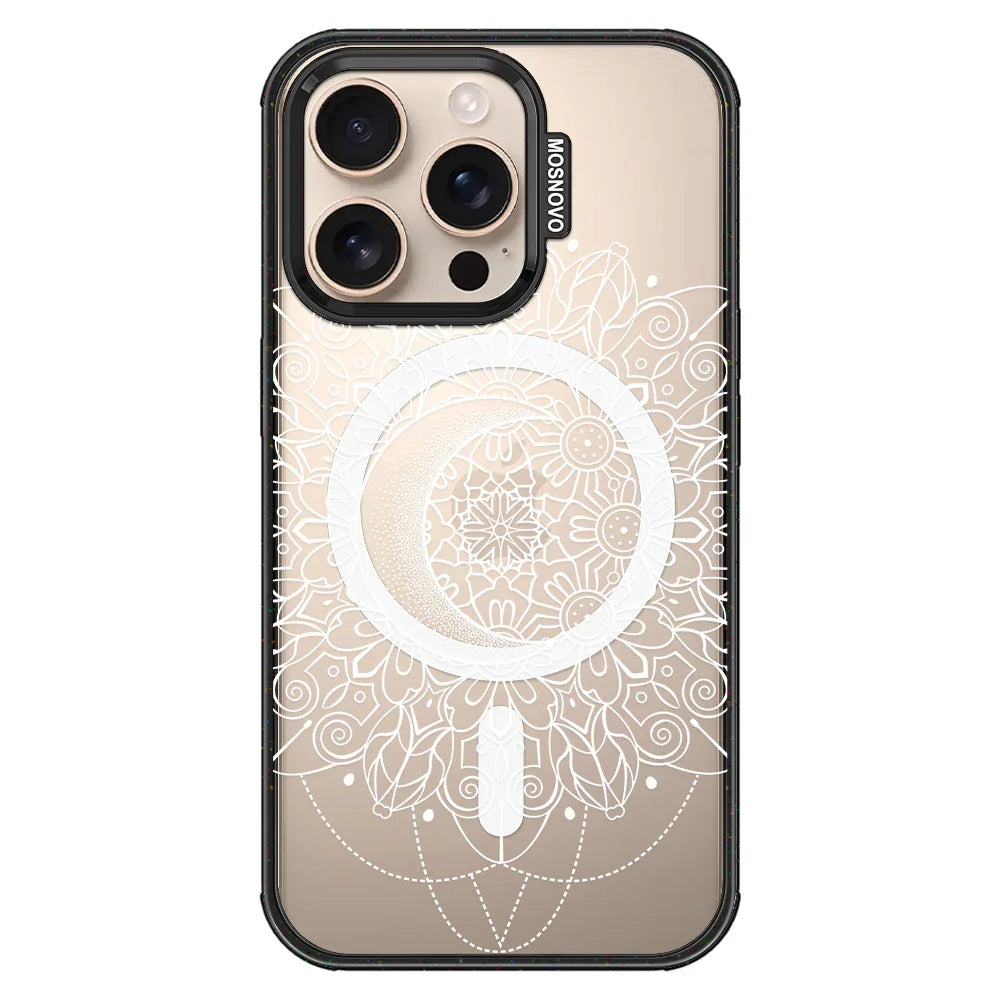 Celestial Moon Mandala Phone Case - iPhone 16 Pro Case Clear Black ShockStone With MagSafe
