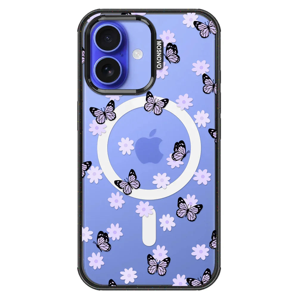 Lilac Butterfly Phone Case - iPhone 16 Case Clear Black ShockStone With MagSafe
