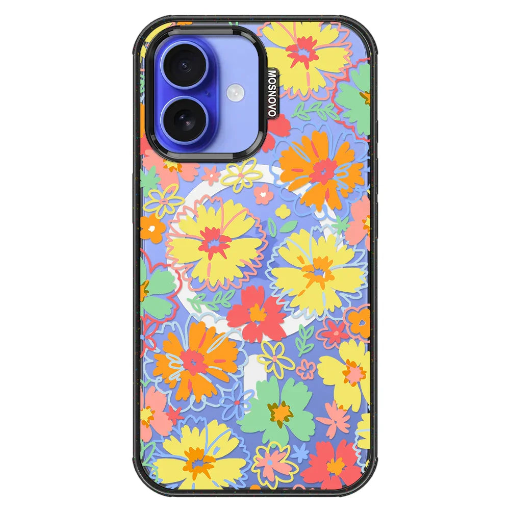 Retro Boho Hippie Flowers Phone Case - iPhone 16 Plus Case Clear Black ShockStone With MagSafe