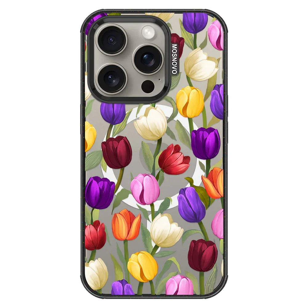 Colorful Tulips Phone Case - iPhone 15 Pro Case Clear Black ShockStone With MagSafe