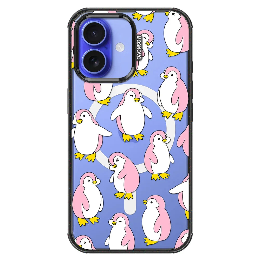 Pink Penguins Phone Case - iPhone 16 Plus Case Clear Black ShockStone With MagSafe