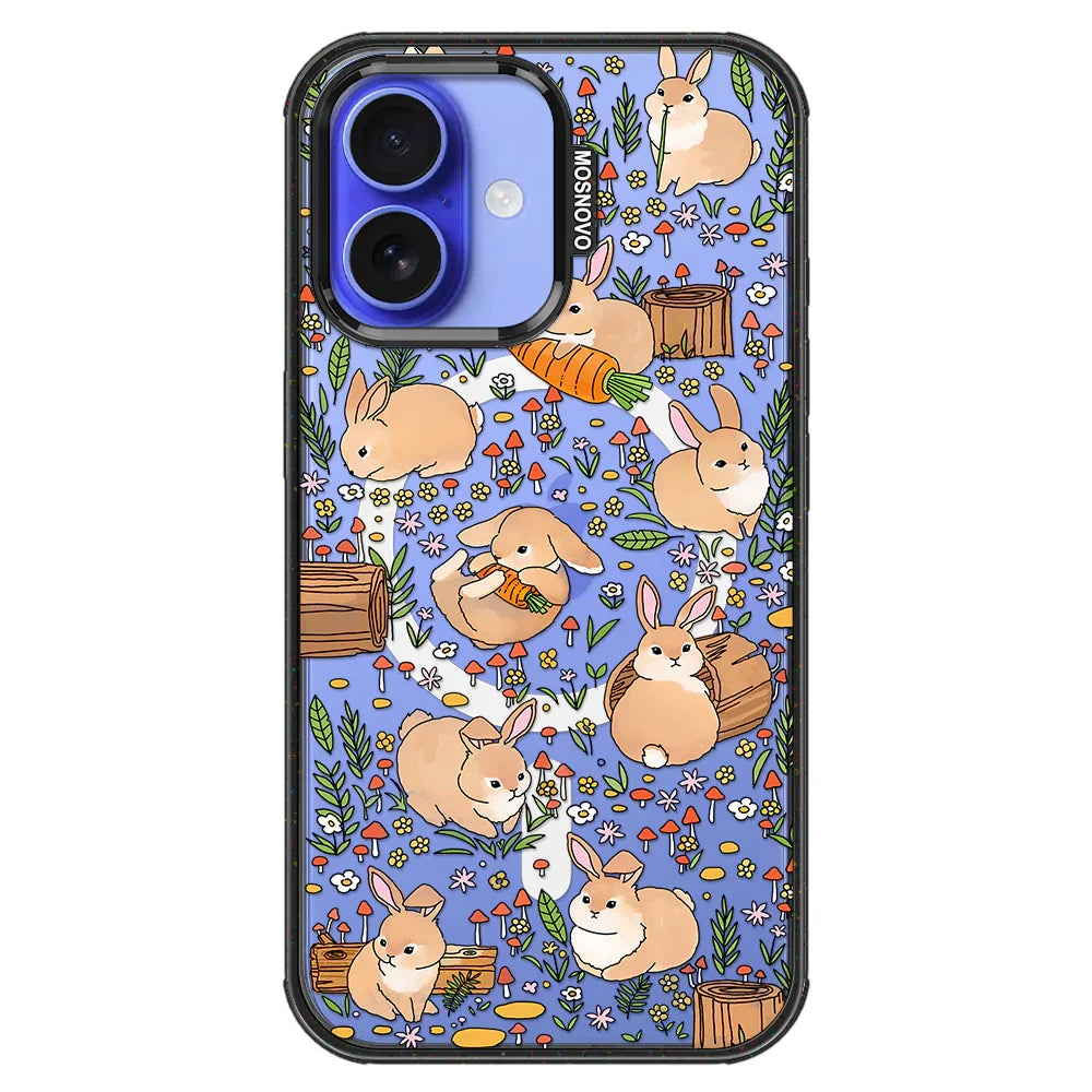 Cute Bunny Garden Phone Case - iPhone 16 Case Clear Black ShockStone With MagSafe