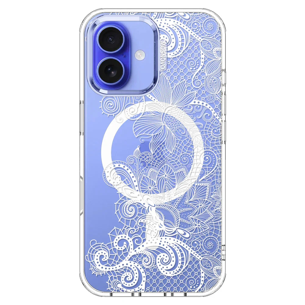 Lacy White Flower Phone Case - iPhone 16 Case Clear With MagSafe