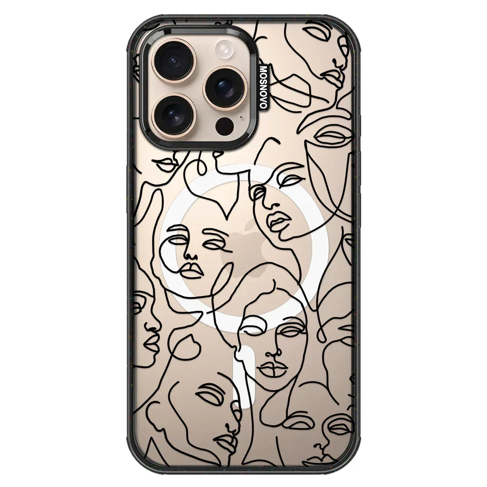 Abstract Face Line Art Phone Case - iPhone 16 Pro Max Case Clear Black ShockStone With MagSafe