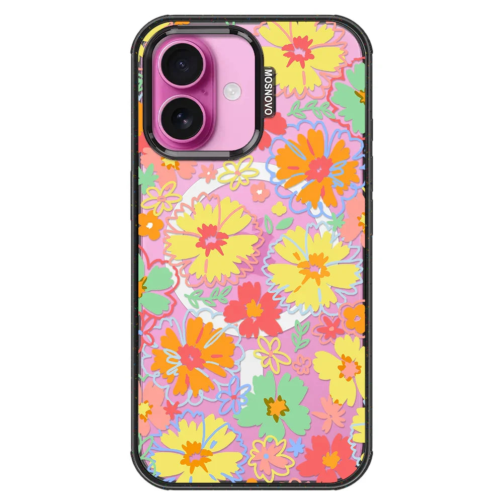 Retro Boho Hippie Flowers Phone Case - iPhone 16 Plus Case Clear Black ShockStone With MagSafe