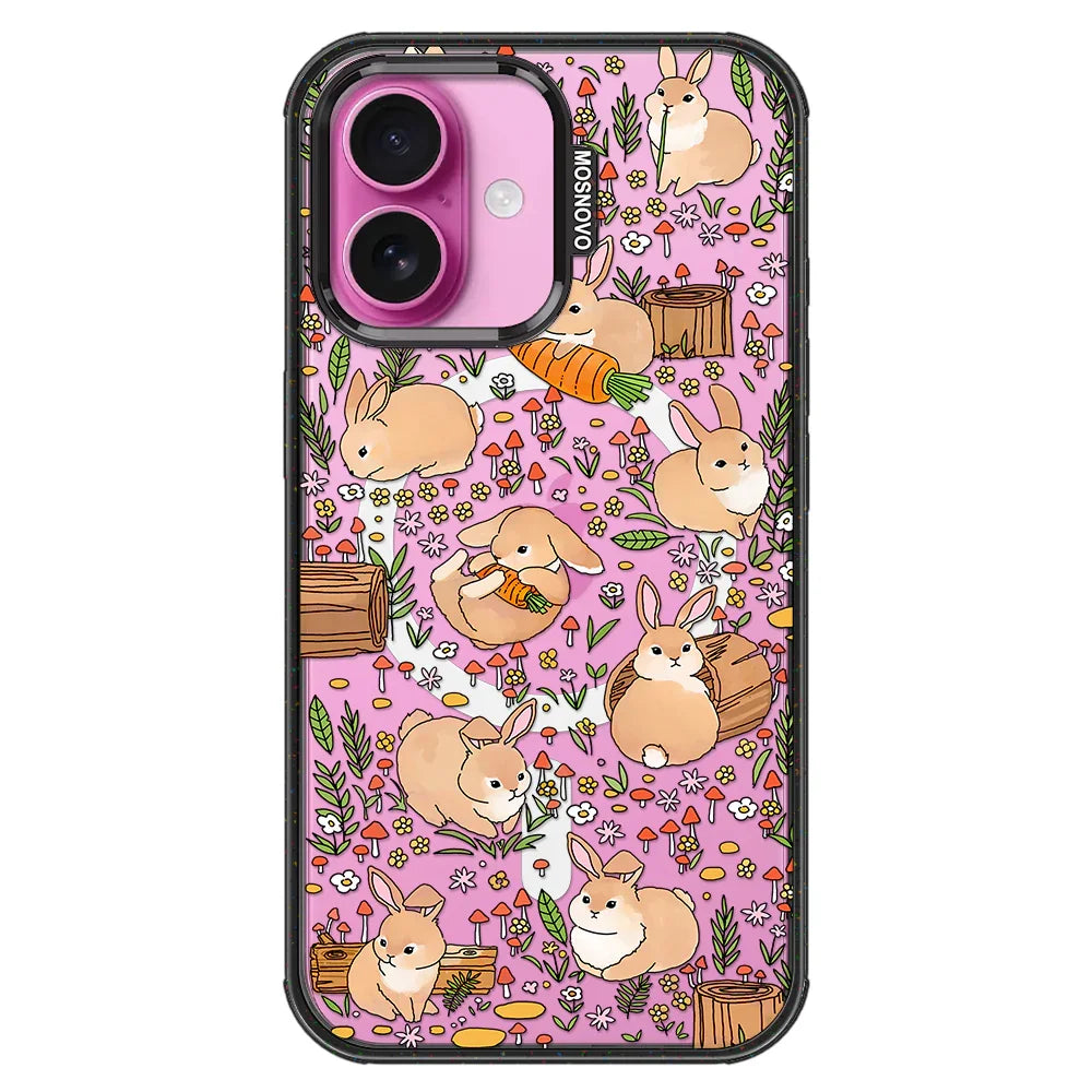 Cute Bunny Garden Phone Case - iPhone 16 Case Clear Black ShockStone With MagSafe