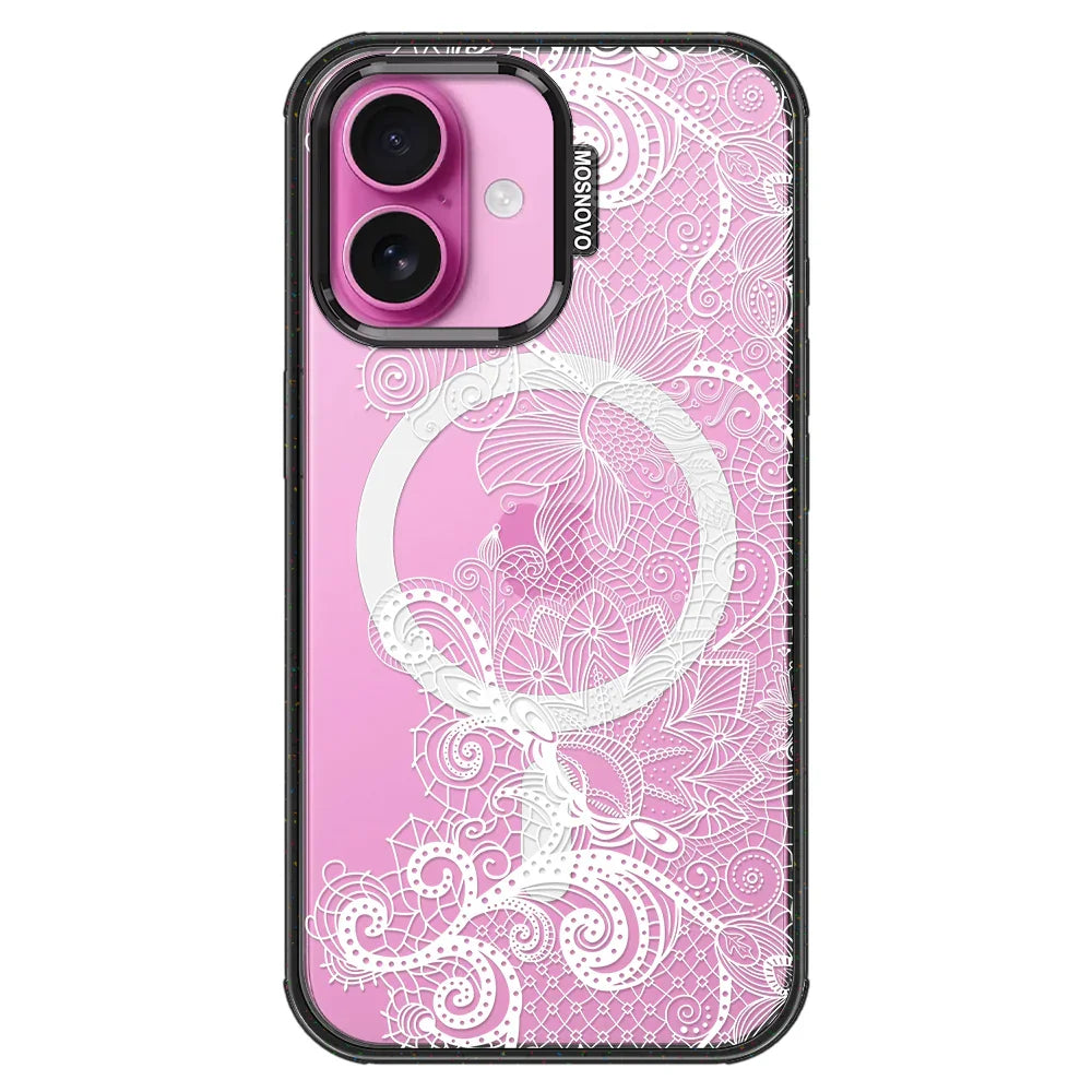 Lacy White Flower Phone Case - iPhone 16 Case Clear Black ShockStone With MagSafe