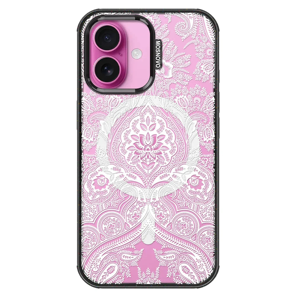 White Damask Phone Case - iPhone 16 Plus Case Clear Black ShockStone With MagSafe