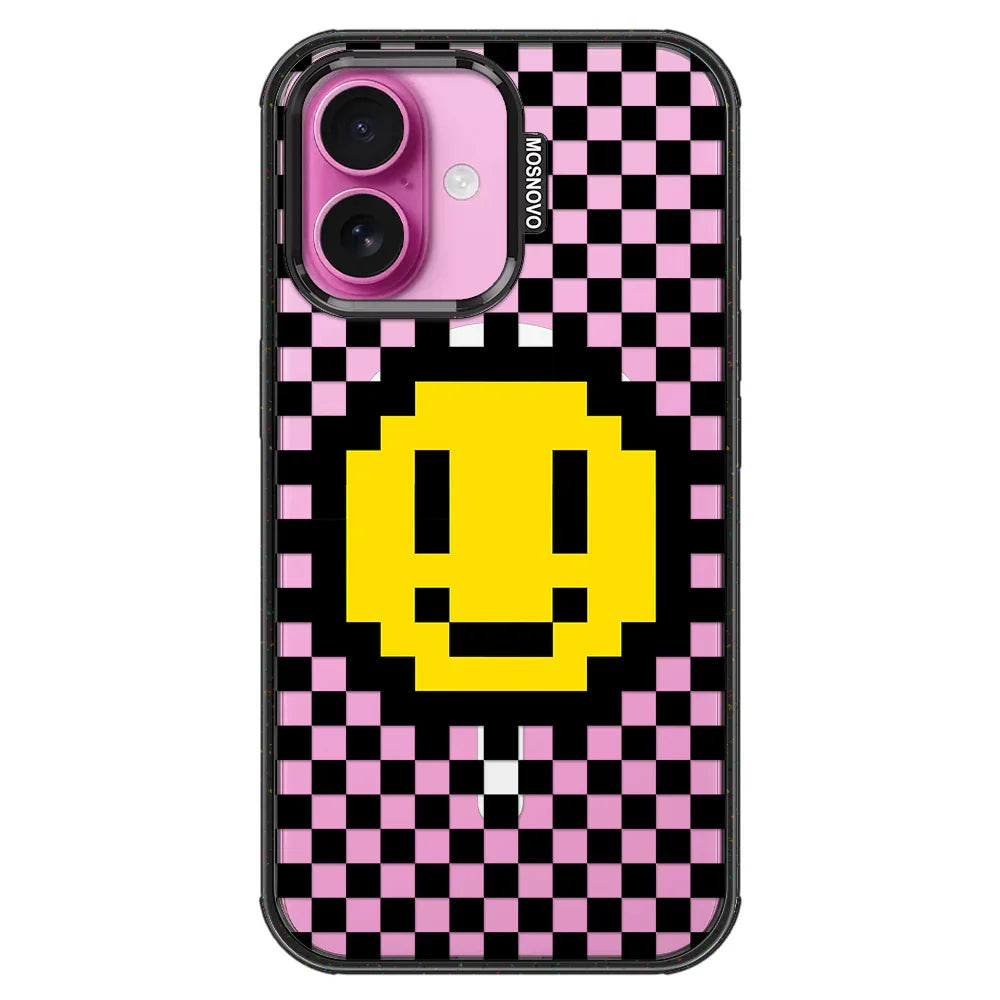 Smile Checkered Phone Case - iPhone 16 Case Clear Black ShockStone With MagSafe