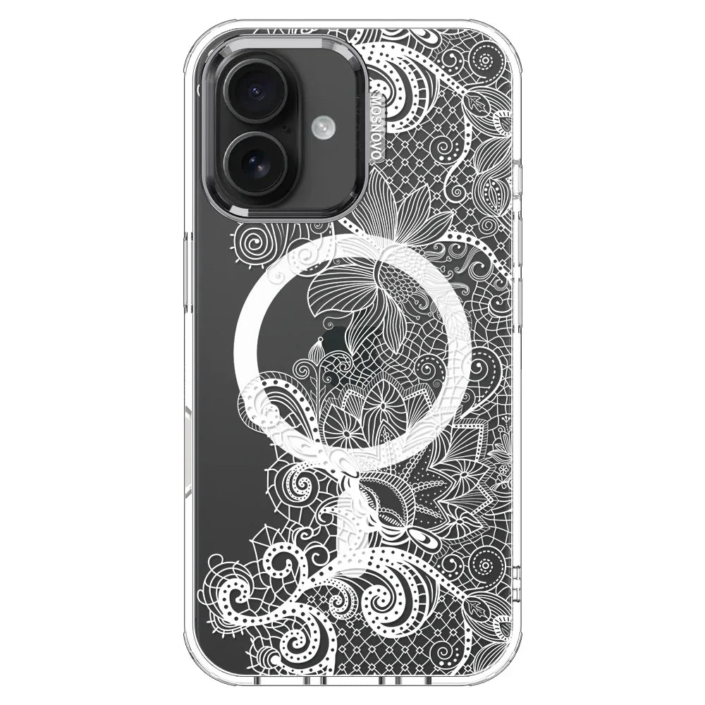Lacy White Flower Phone Case - iPhone 16 Case Clear With MagSafe
