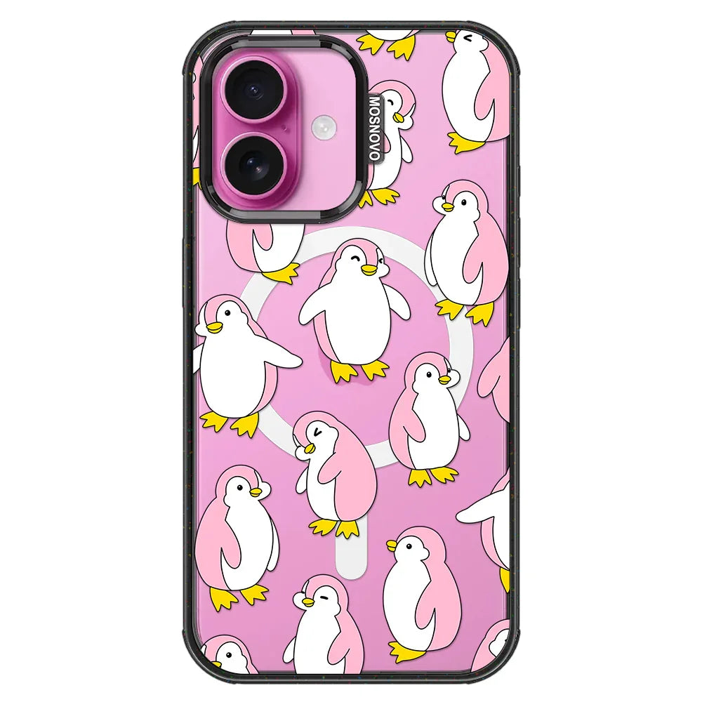 Pink Penguins Phone Case - iPhone 16 Plus Case Clear Black ShockStone With MagSafe