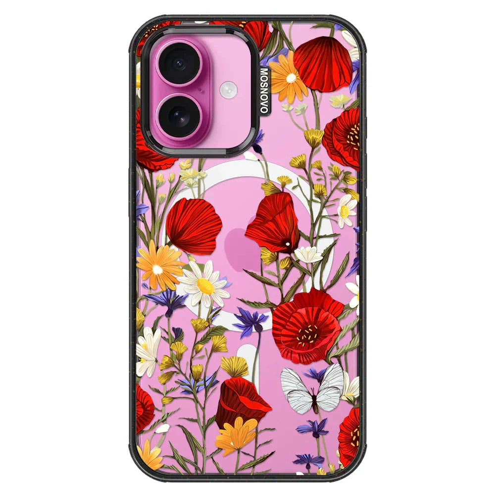 Poppy Floral Phone Case - iPhone 16 Plus Case Clear Black ShockStone With MagSafe