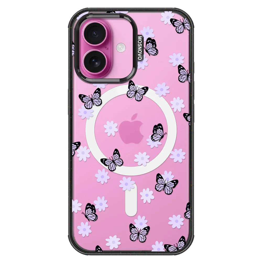 Lilac Butterfly Phone Case - iPhone 16 Case Clear Black ShockStone With MagSafe