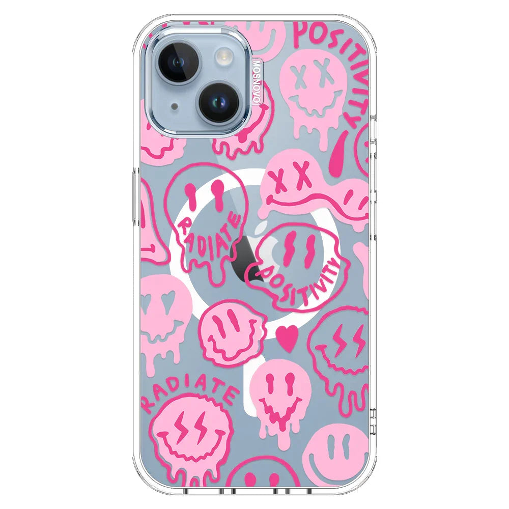 Pink Dripping Smiles Positivity Radiate Face Phone Case - iPhone 14 Case Clear With MagSafe