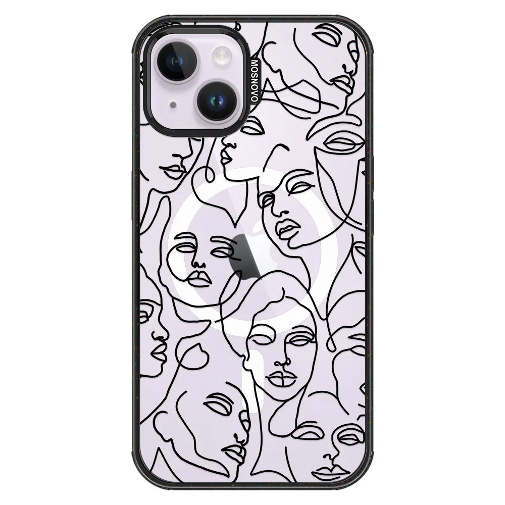 Abstract Face Line Art Phone Case - iPhone 14 Plus Case Clear Black ShockStone With MagSafe