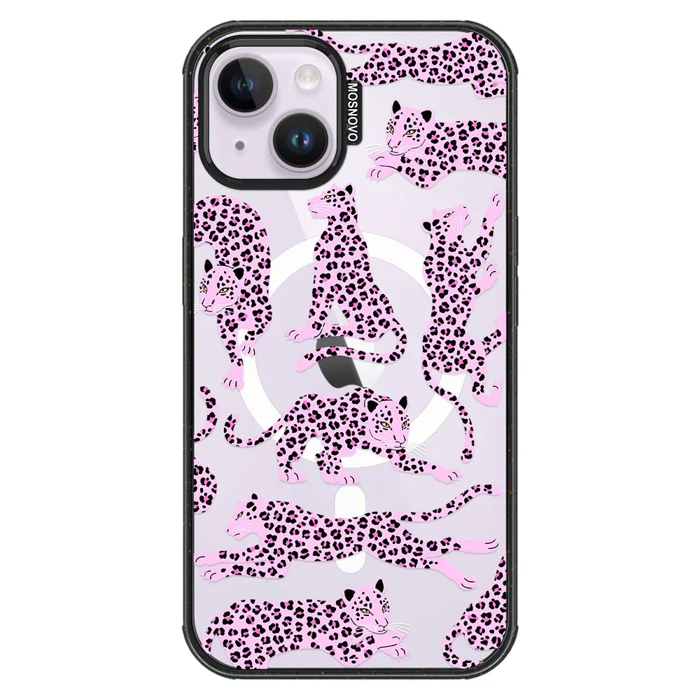 Pink Leopard Phone Case - iPhone 14 Case Clear Black ShockStone With MagSafe