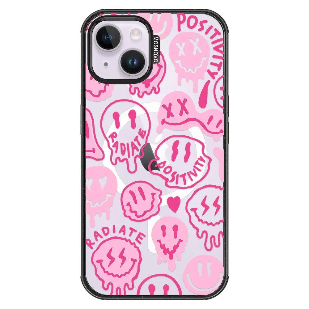 Pink Dripping Smiles Positivity Radiate Face Phone Case - iPhone 14 Case Clear Black ShockStone With MagSafe