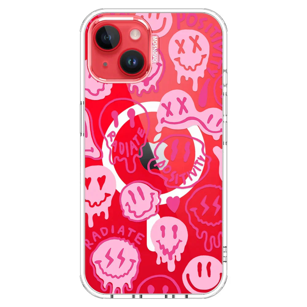 Pink Dripping Smiles Positivity Radiate Face Phone Case - iPhone 14 Case Clear With MagSafe