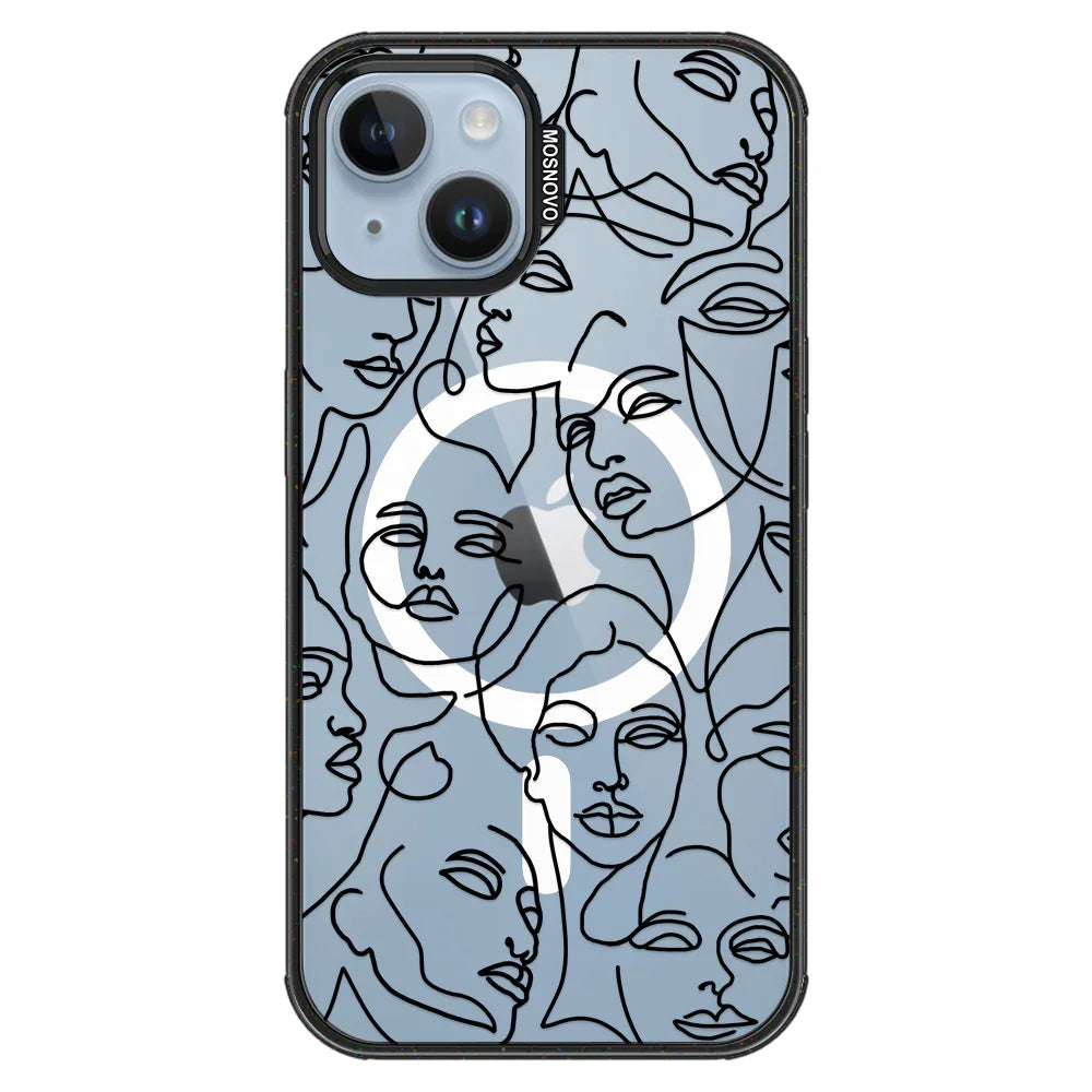 Abstract Face Line Art Phone Case - iPhone 14 Plus Case Clear Black ShockStone With MagSafe