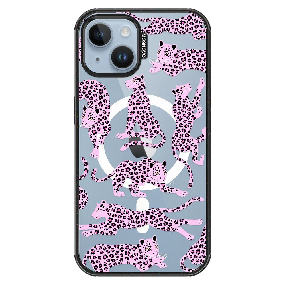 Pink Leopard Phone Case - iPhone 14 Case Clear Black ShockStone With MagSafe