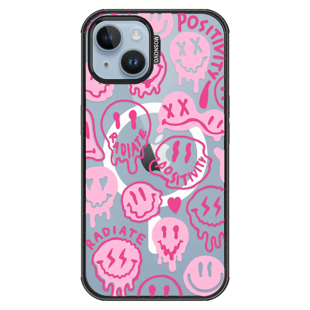 Pink Dripping Smiles Positivity Radiate Face Phone Case - iPhone 14 Case Clear Black ShockStone With MagSafe