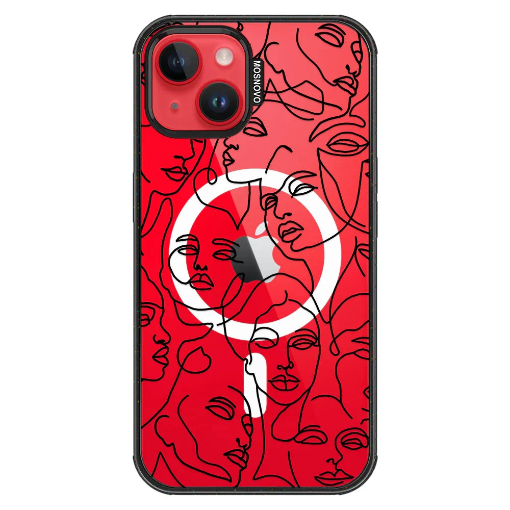 Abstract Face Line Art Phone Case - iPhone 14 Plus Case Clear Black ShockStone With MagSafe