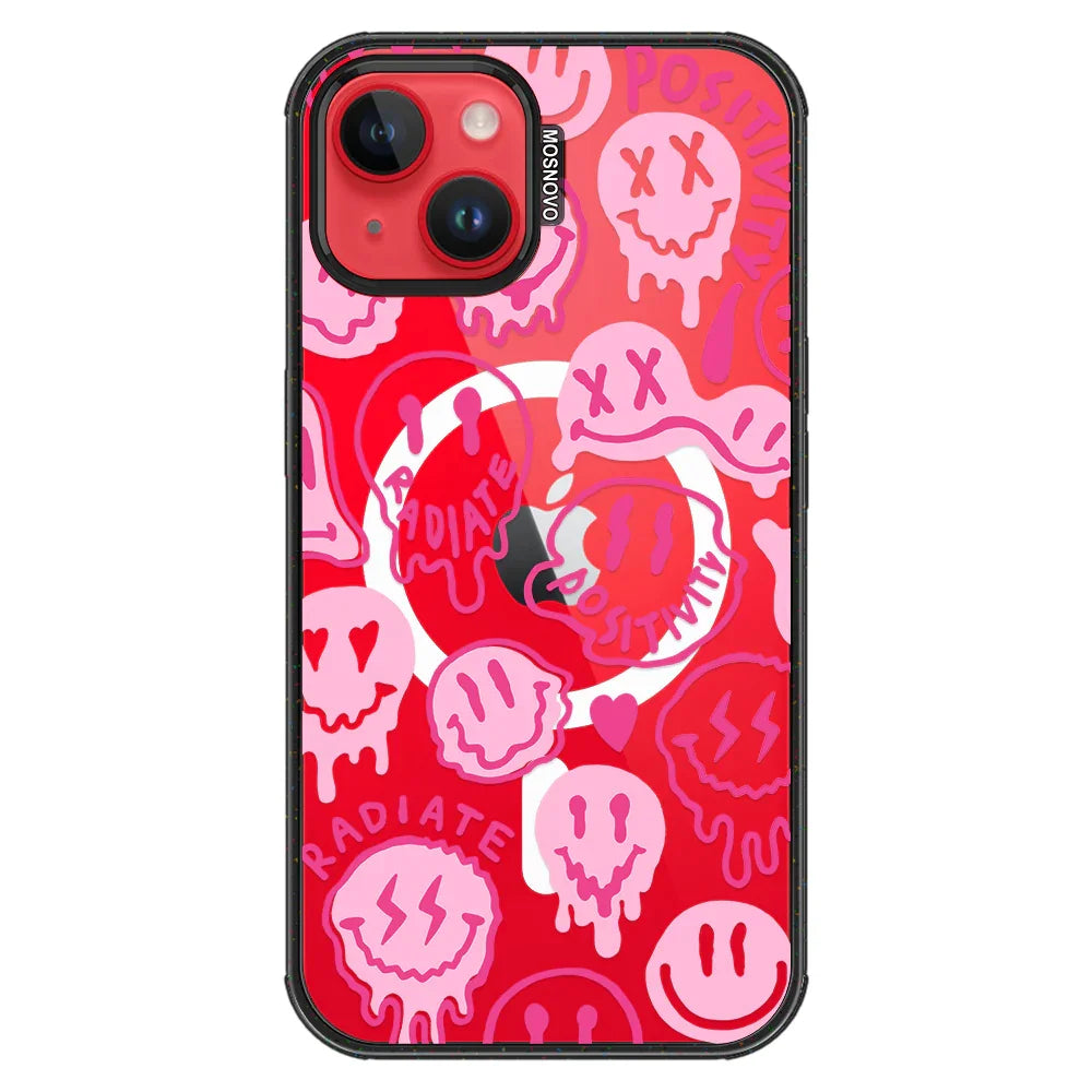 Pink Dripping Smiles Positivity Radiate Face Phone Case - iPhone 14 Case Clear Black ShockStone With MagSafe