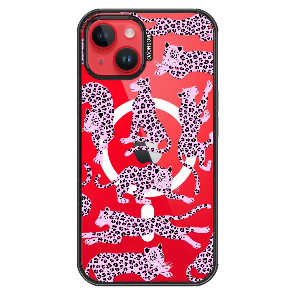 Pink Leopard Phone Case - iPhone 14 Case Clear Black ShockStone With MagSafe