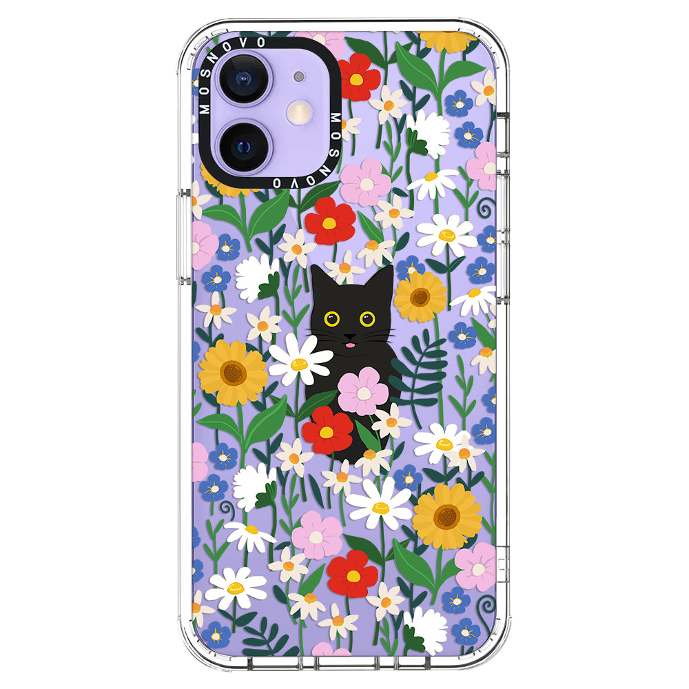 Black Cat in Garden Phone Case - iPhone 12 Case - MOSNOVO