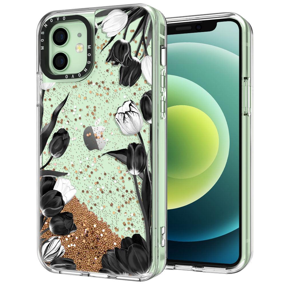Black Tulips Glitter Phone Case - iPhone 12 Mini Case - MOSNOVO