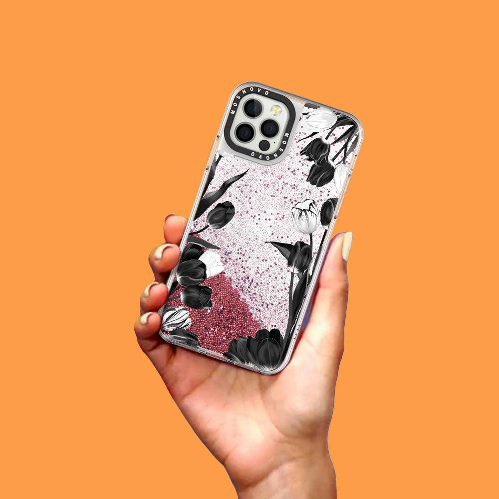 Black Tulips Glitter Phone Case - iPhone 12 Pro Case - MOSNOVO