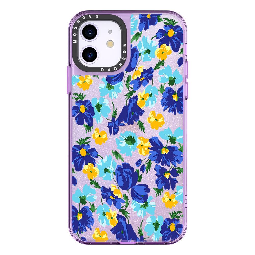Bluish Flowers Floral Glitter Phone Case - iPhone 11 Case - MOSNOVO