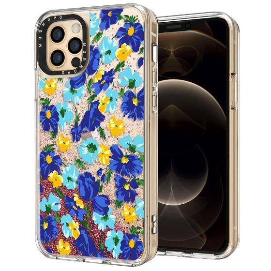 Bluish Flowers Floral Glitter Phone Case - iPhone 12 Pro Case