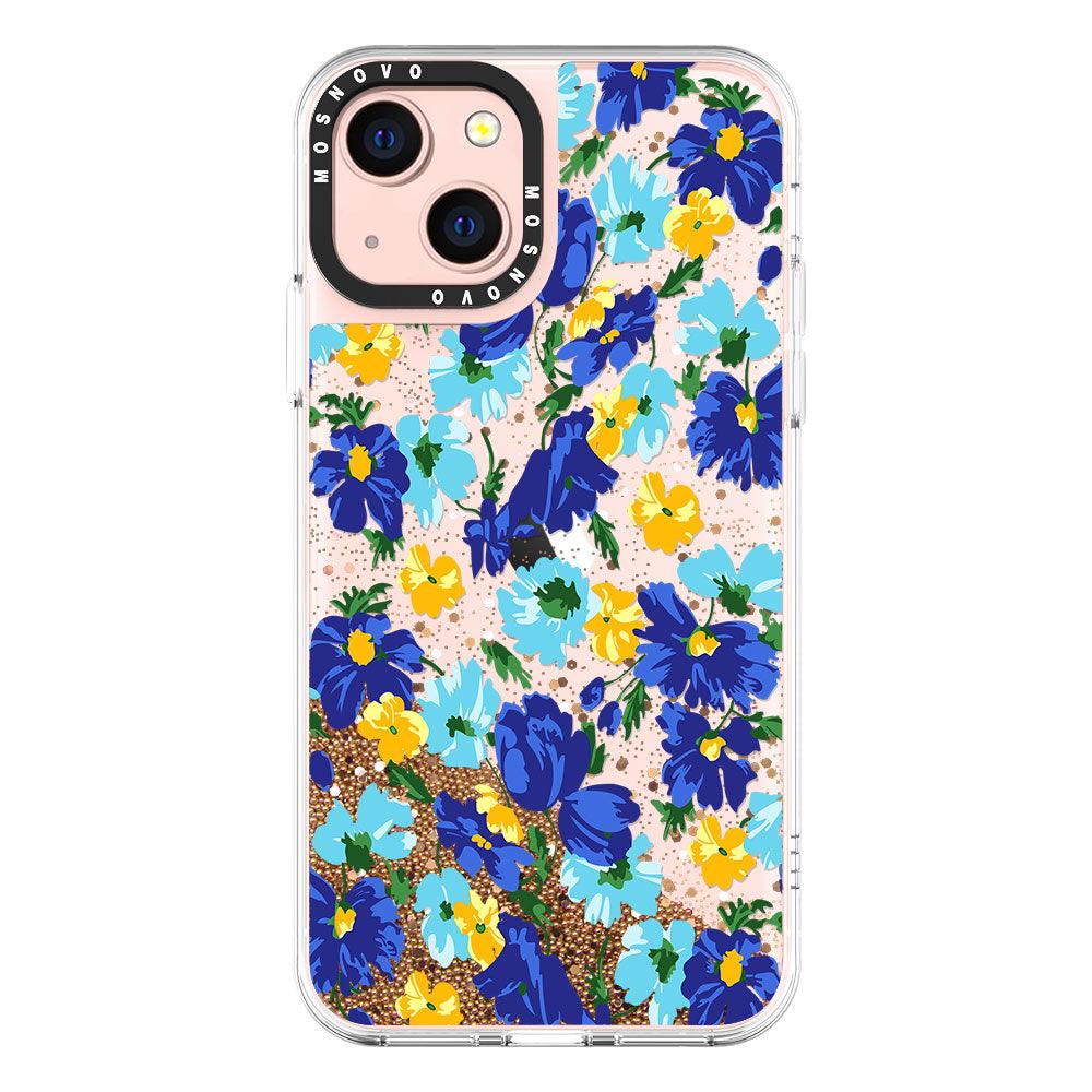 Bluish Flowers Floral Glitter Phone Case - iPhone 13 Case - MOSNOVO