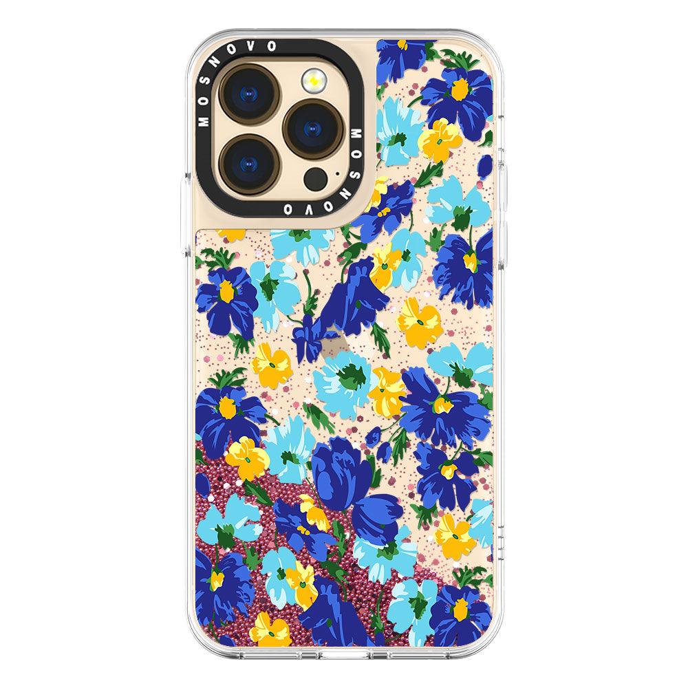 Bluish Flowers Floral Glitter Phone Case - iPhone 13 Pro Case - MOSNOVO