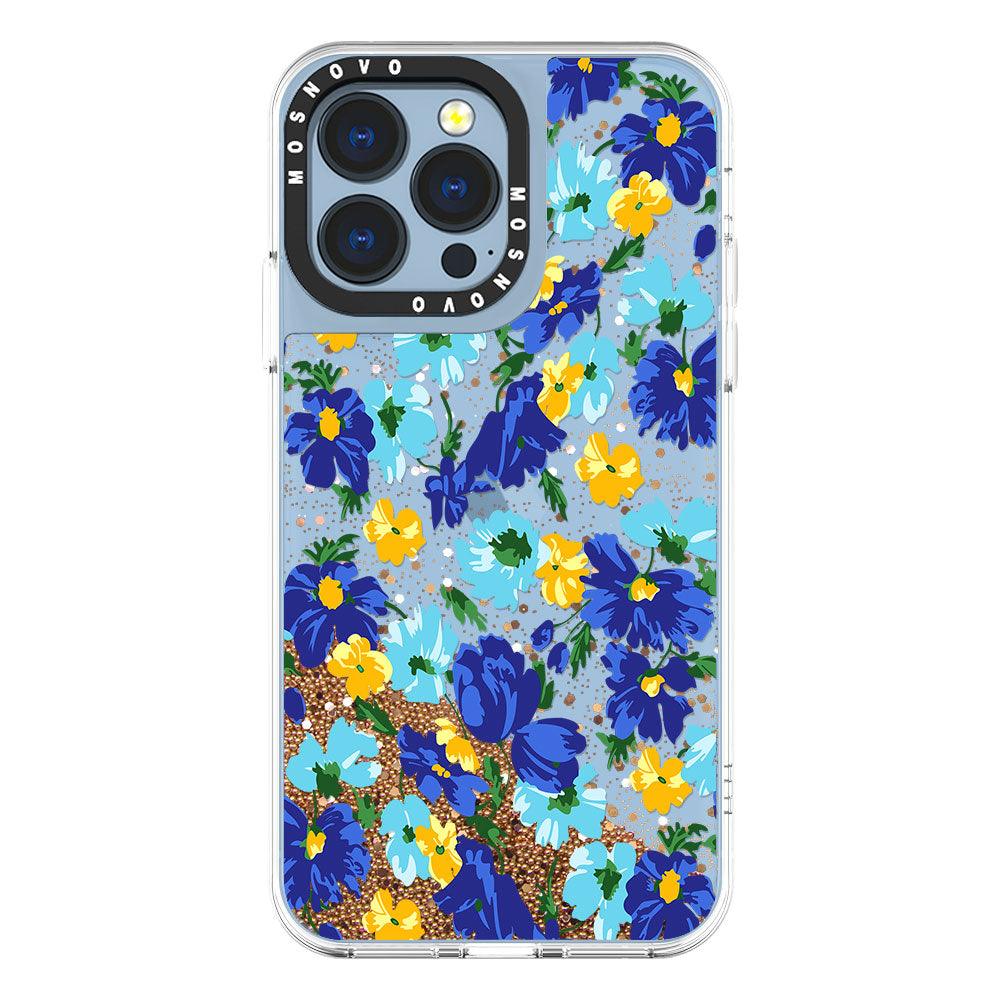 Bluish Flowers Floral Glitter Phone Case - iPhone 13 Pro Case - MOSNOVO