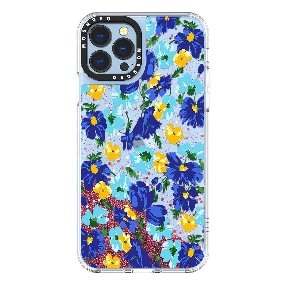 Bluish Flowers Floral Glitter Phone Case - iPhone 13 Pro Max Case - MOSNOVO
