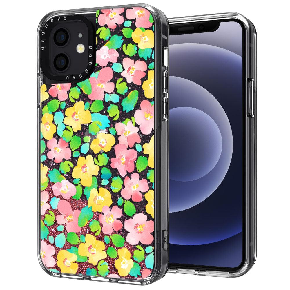 Floral Print Glitter Phone Case - iPhone 12 Mini Case - MOSNOVO