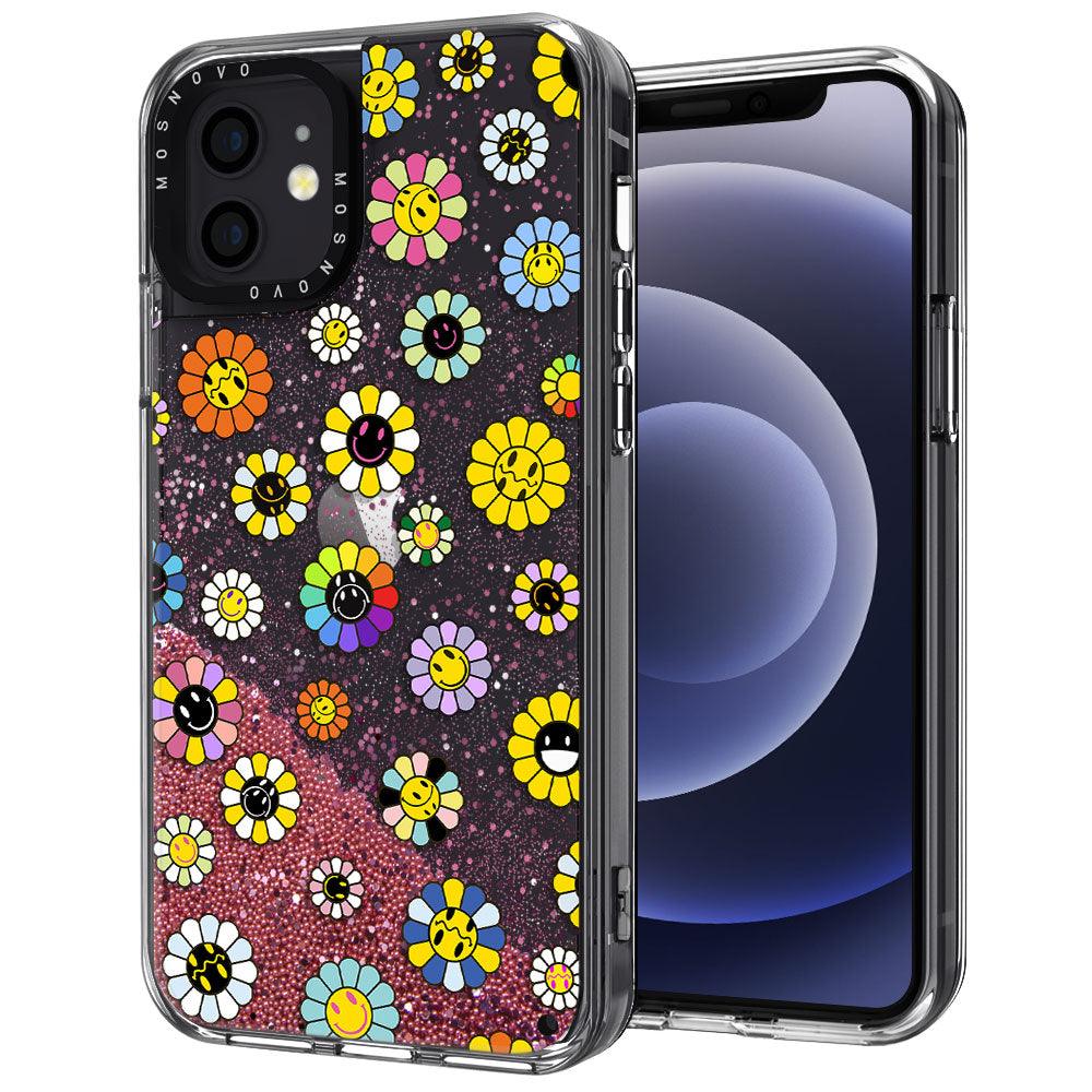 Flower Smiley Face Glitter Phone Case - iPhone 12 Case - MOSNOVO