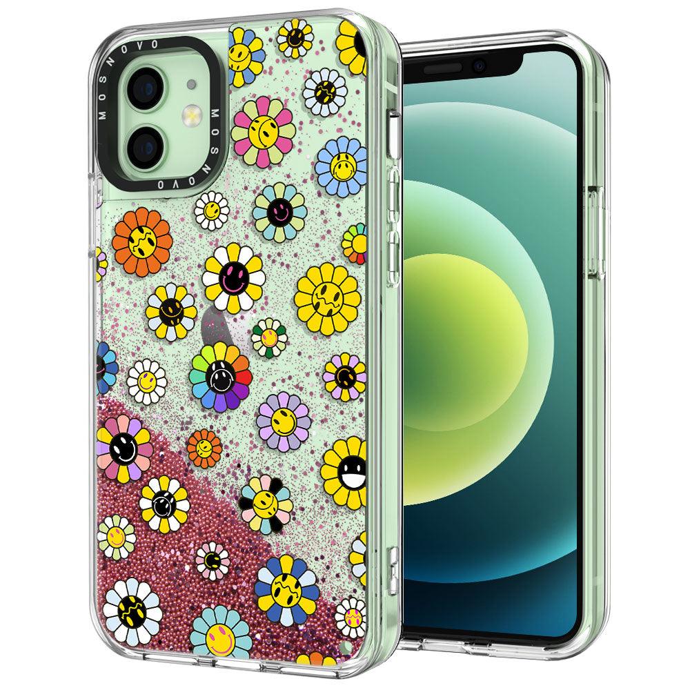 Flower Smiley Face Glitter Phone Case - iPhone 12 Mini Case - MOSNOVO