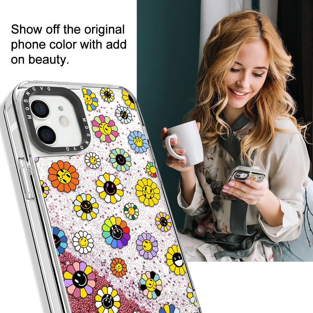 Flower Smiley Face Glitter Phone Case - iPhone 12 Mini Case - MOSNOVO