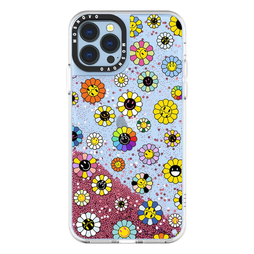 Flower Smiley Face Glitter Phone Case - iPhone 13 Pro Max Case - MOSNOVO