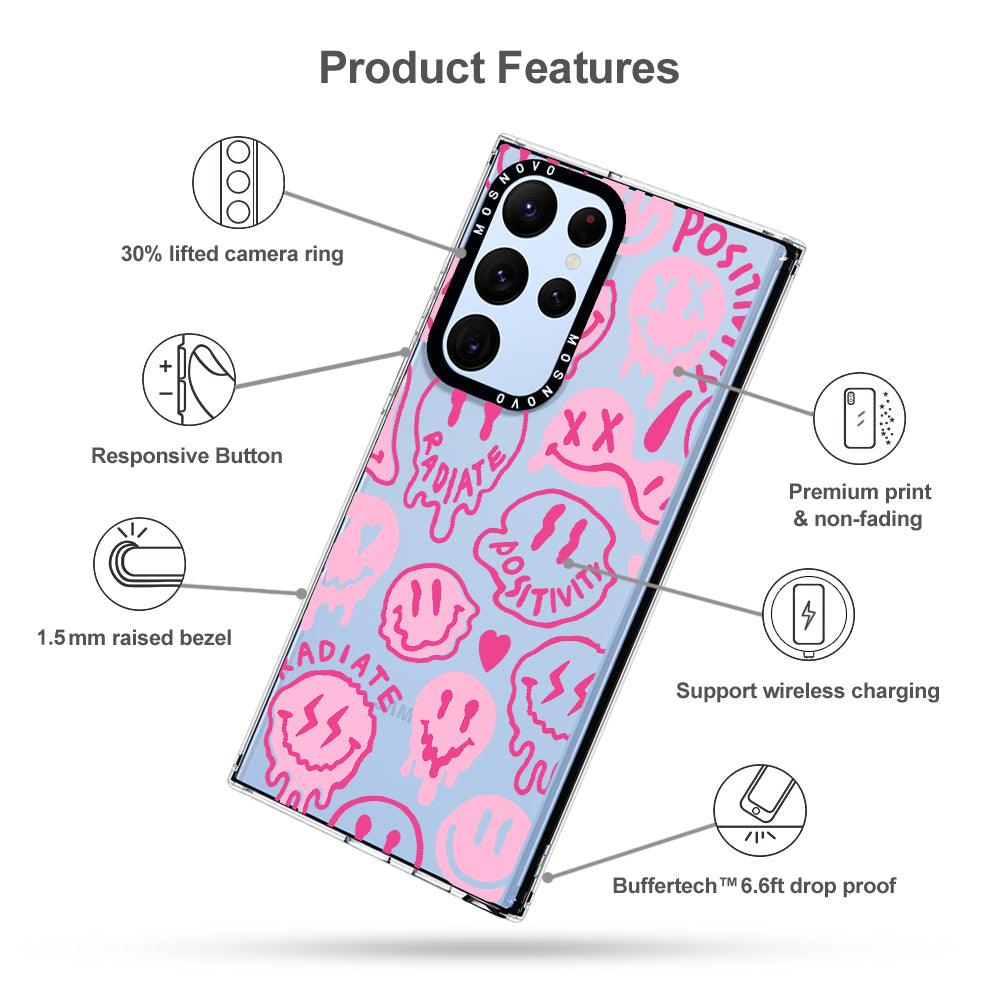 Pink Dripping Smiles Positivity Radiate Face Phone Case - Samsung Galaxy S22 Ultra Case - MOSNOVO