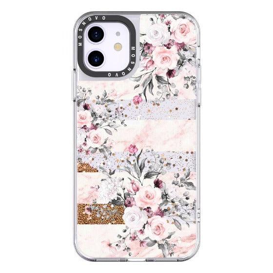 Pink Marble Flowers Glitter Phone Case - iPhone 11 Case - MOSNOVO