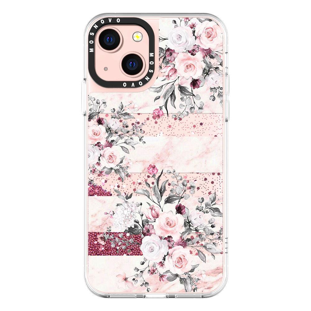 Pink Marble Flowers Glitter Phone Case - iPhone 13 Case - MOSNOVO