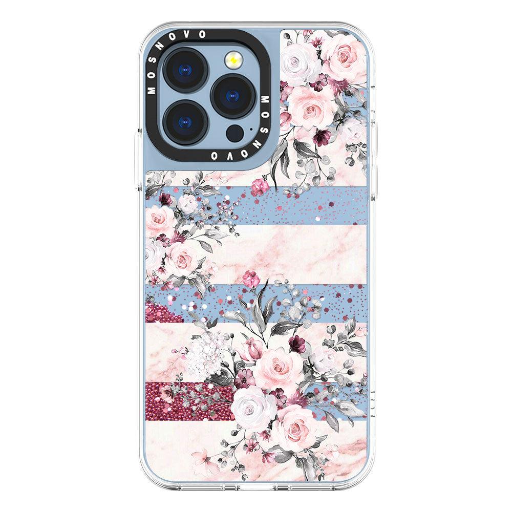 Pink Marble Flowers Glitter Phone Case - iPhone 13 Pro Case - MOSNOVO