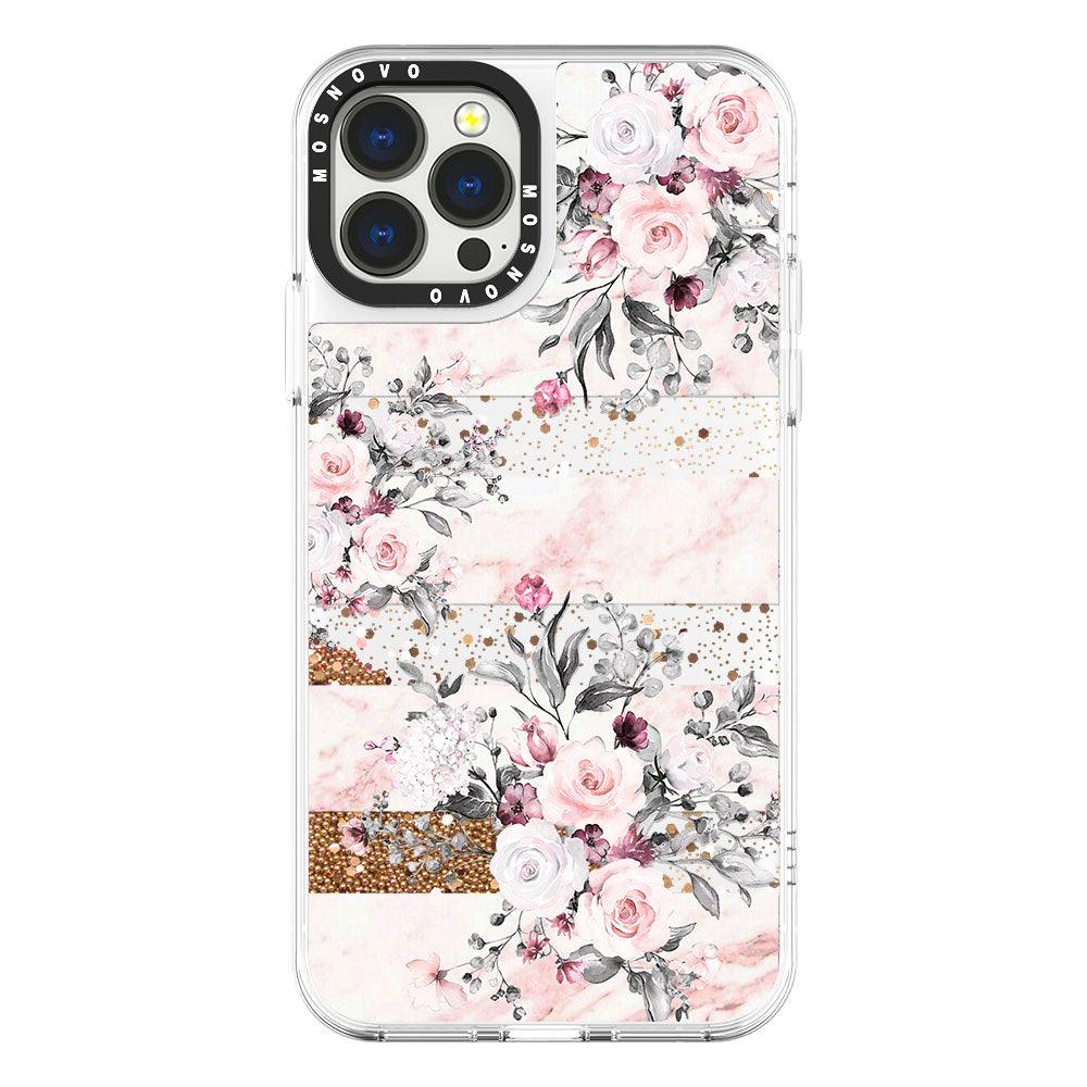 Pink Marble Flowers Glitter Phone Case - iPhone 13 Pro Max Case - MOSNOVO
