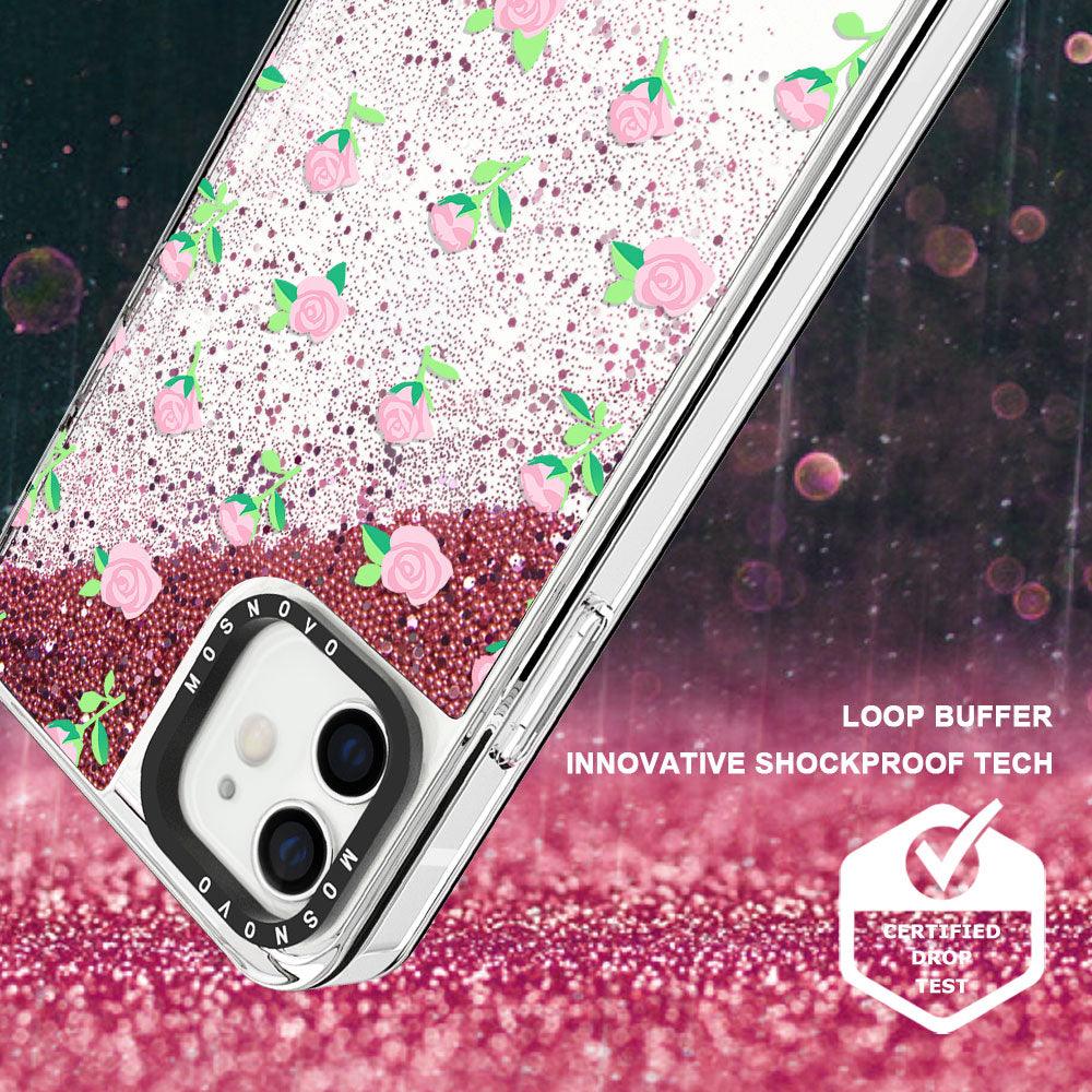 Pink Rose Floral Glitter Phone Case - iPhone 12 Mini Case - MOSNOVO