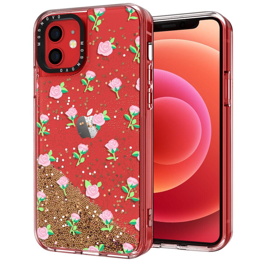Pink Rose Floral Glitter Phone Case - iPhone 12 Mini Case - MOSNOVO